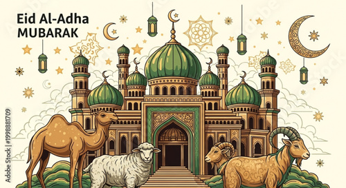 Eid Al-Adha Mubarak illustration with mosque camel sheep and goat festive Islamic holiday concept with decorative elements