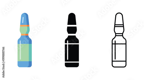 Medical glass ampoule icon set for vaccine or medication storage liquid dosage container.