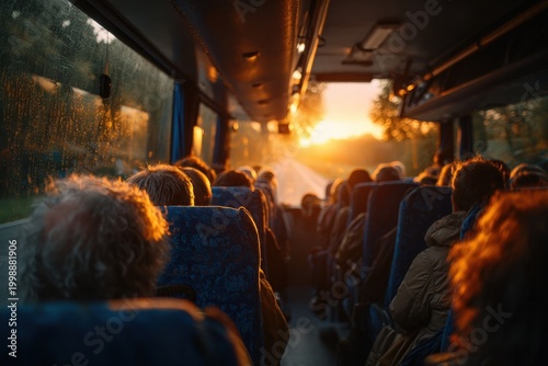 Passengers seated inside a bus during sunset, with warm light illuminating the interior and silhouettes of people visible through the windows