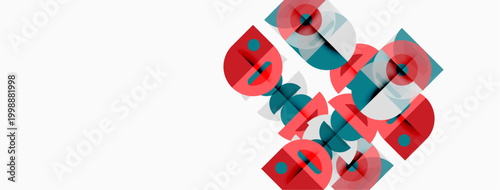 Abstract geometric design. Red, teal, white squares overlap creating complex pattern. Minimalist style, clean lines, modern aesthetic.