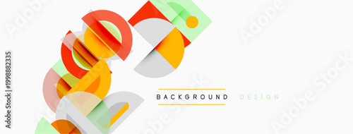 Abstract geometric shapes overlap, creating dynamic visual texture. Orange, green, gray tones dominate composition. Minimalist design elements present.