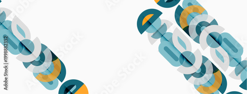 Abstract design features layered text elements. Blue, orange, teal hues create dynamic visual effect. Minimalist style, modern aesthetic.