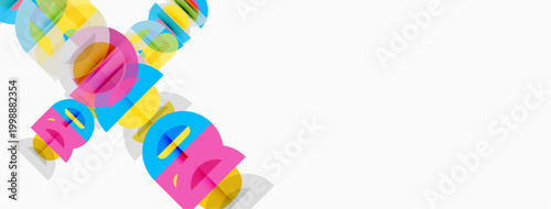 Colorful letters overlap, creating abstract design. Bright hues dominate white background. Modern, playful composition.