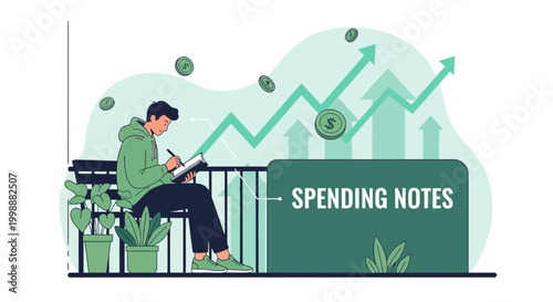 Man tracking spending notes with rising graph and coins, financial planning concept
