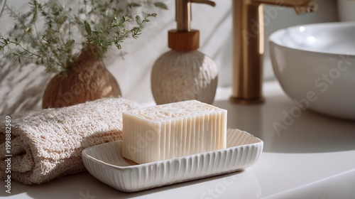 Natural organic soap bar on ceramic dish in sunlit bathroom interior.