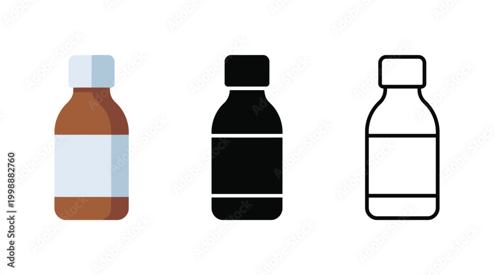 Obraz premium Medicine bottle icon set showing flat color solid black and outline graphic line style.