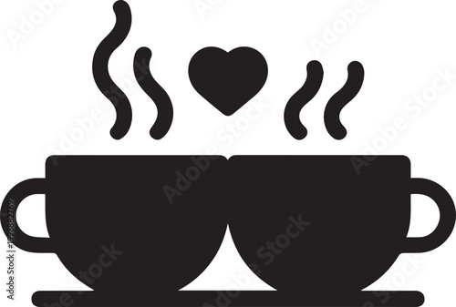 Two steaming coffee cups with a heart symbol between them during a romantic moment