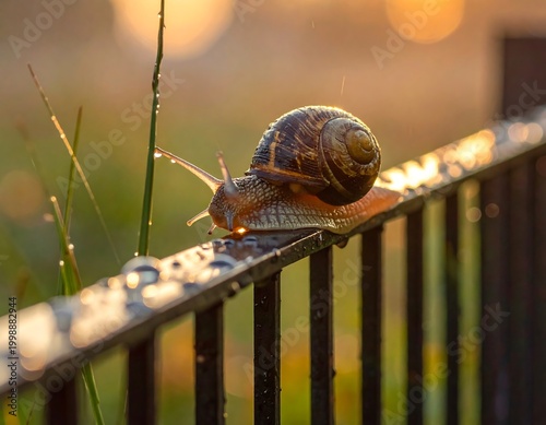 Snail's adventurous journey across a wet fence at the golden hour glow backdrop