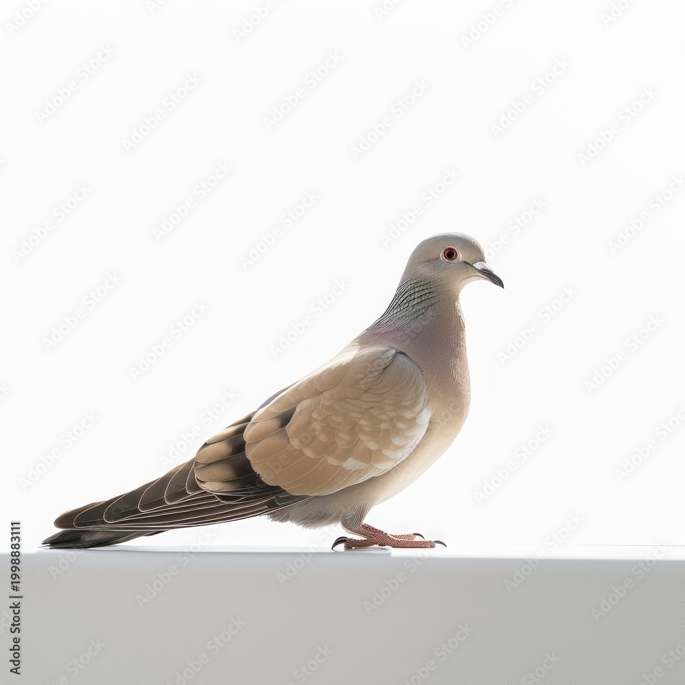 Fototapeta premium A solitary pigeon stands on a white surface, its feathers a mix of brown and white, with a serene expression, possibly in a moment of contemplation.