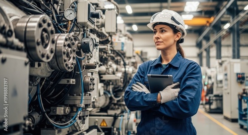 Skilled Professional Woman in Safety Gear Standing Confidently Among Industrial Machinery Equipment