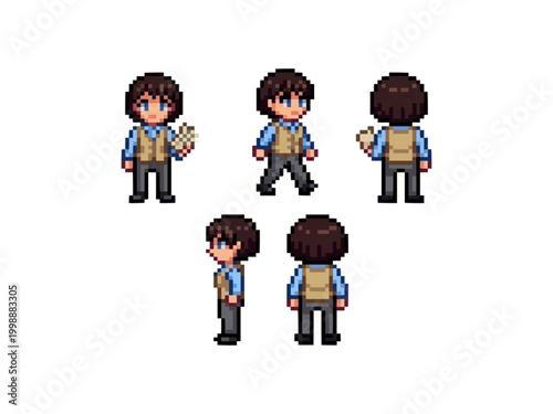 pixel art character spritesheet of a young male scholar in a tan vest and blue shirt with various walking animations.