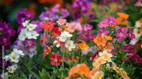 A vibrant garden scene featuring a colorful array of flowers, predominantly in shades of purple, pink, orange, and white.  