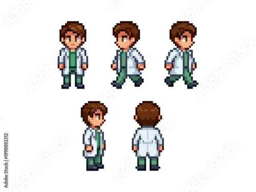 pixel art character spritesheet of a professional male doctor wearing a white lab coat and green scrubs in multiple poses.