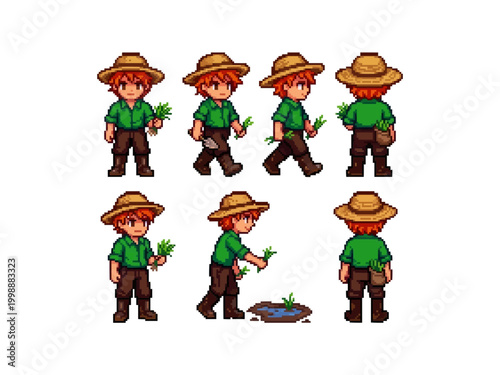 pixel art character spritesheet of a red-haired farmer with straw hat planting crops and walking for farm simulation games.
