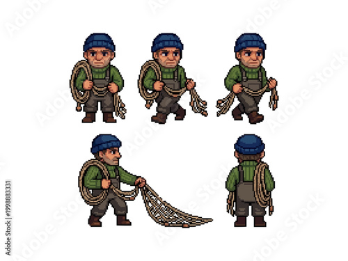 pixel art character spritesheet of a rugged fisherman in a blue beanie and overalls holding a rope and net.