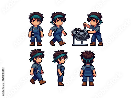 pixel art character spritesheet of a male mechanic in blue overalls and headband repairing an engine with a wrench tool.