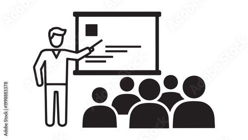 Professional male presenter giving a business presentation on a whiteboard to an attentive audience, illustrating a training or educational seminar.