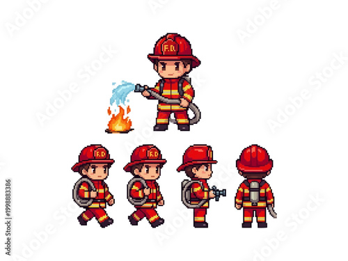 pixel art character spritesheet of a heroic firefighter in red gear using a hose to extinguish flames and walking.