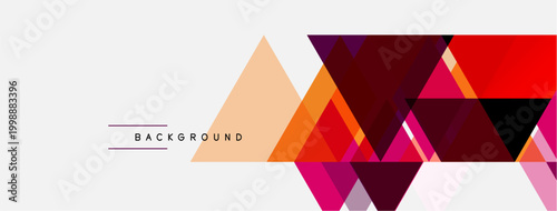 Abstract geometric shapes, triangles dominate design. Warm colors blend with cooler tones, creating modern background. Minimalist text present.