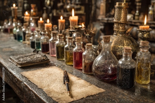 Assorted glass potion bottles filled with colorful liquids arranged on a wooden table with candles and an ancient scroll in a dimly lit alchemist's workshop