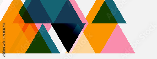 Abstract geometric shapes overlap. Triangles dominate composition, using orange, pink, teal, dark hues. Minimalist design, clean lines present.