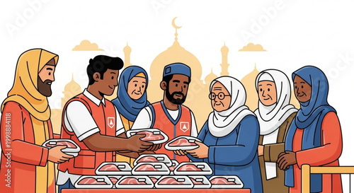 Diverse group of people receiving food donations humanitarian aid concept Ramadan charity distribution flat vector illustration