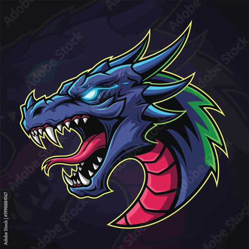 Fierce dragon head, cartoon monster, blue green scales, sharp teeth, vector illustration