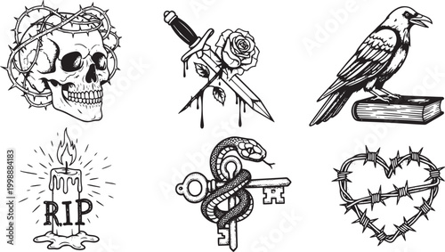 Vintage Dark Art Tattoo Flash Set with Skull Raven Dagger and Occult Gothic Elements