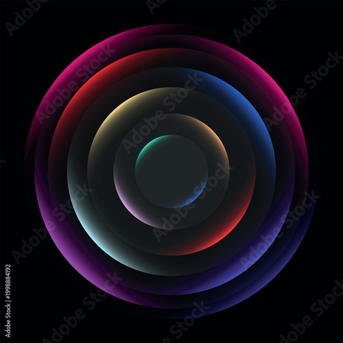 Abstract multicolored neon glowing rings background, futuristic concentric light circles on black