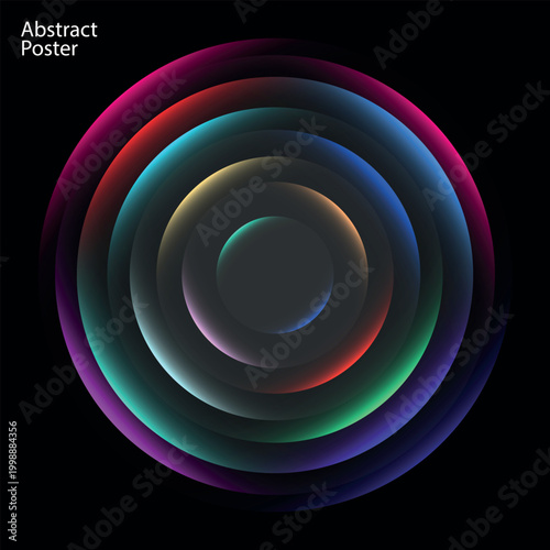Abstract colorful glowing concentric circles on black background, neon light rings creative poster design
