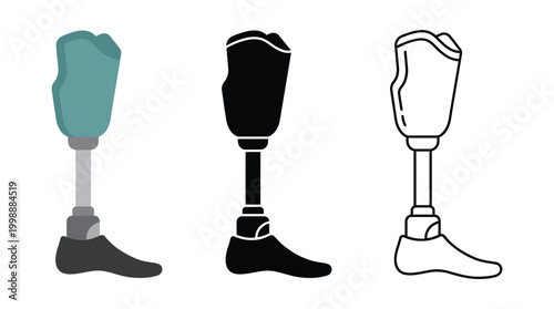 Prosthetic leg icon set different styles and colors vector illustration medical equipment flat design.