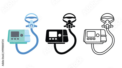 Set of cpap machine icons with respiratory mask in three different graphical variations.