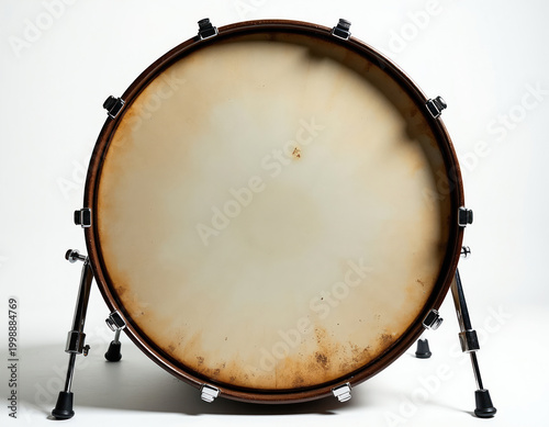 Aged vintage bass drum sits on metal legs. Drumhead shows wear and tear. Percussion instrument isolated on white studio background for music production.