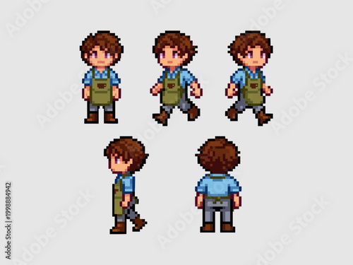pixel art character spritesheet of a young male barista wearing a blue shirt and a green apron with coffee logo.