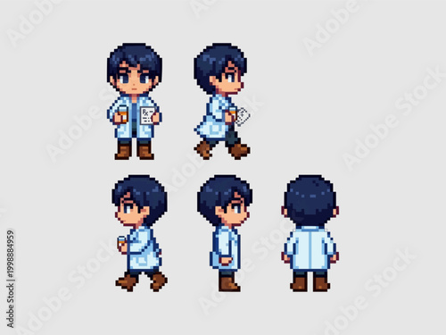 pixel art character spritesheet of a  scientist wearing a white lab coat holding a clipboard and medicine.