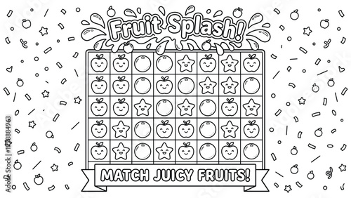 Fruit splash game board concept with cute cartoon fruit characters on a grid layout design.