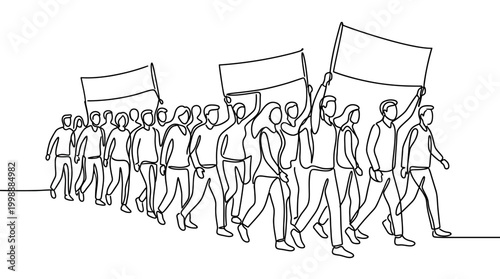 Continuous line drawing of a crowd of protesters holding blank banners.
