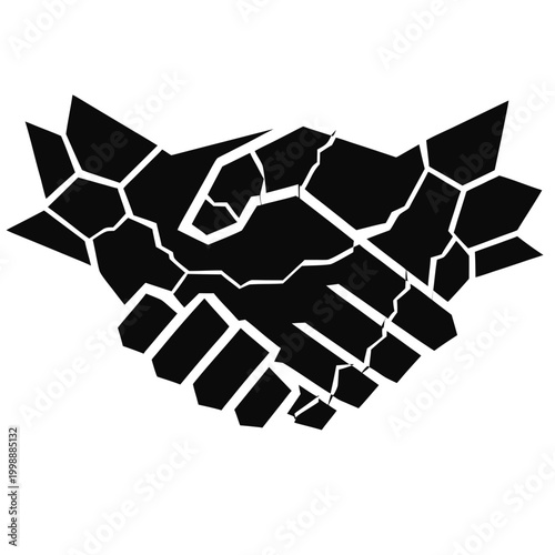 Mosaic handshake, broken partnership, cracked agreement, shattered collaboration, black vector icon