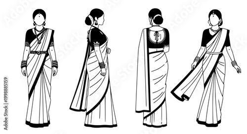 Illustrative representation of various draped styles of a traditional Indian saree worn by a woman, showcasing the cultural attire from multiple angles, highlighting the elegance and distinct fashion