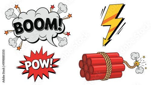 Comic book explosion elements with boom pow text clouds lightning bolt and dynamite bundle.