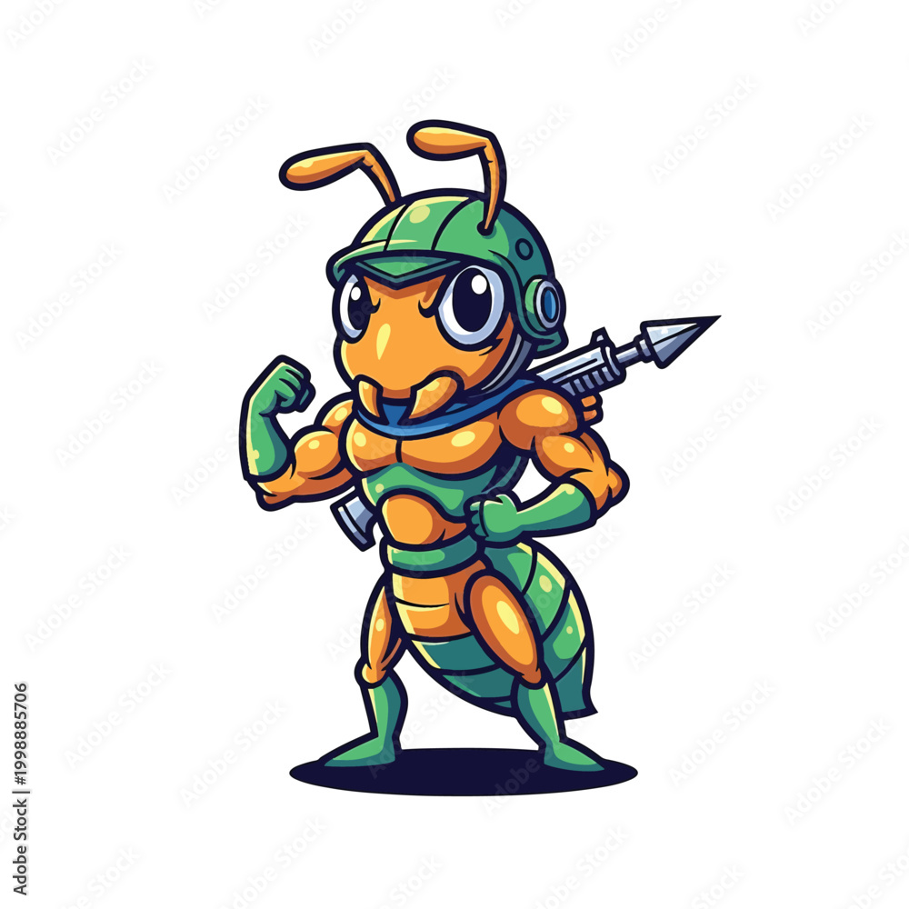 Fototapeta premium Cartoon Ant Character with Helmet and Spear.