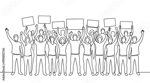Group of people protesting with blank signs line art.