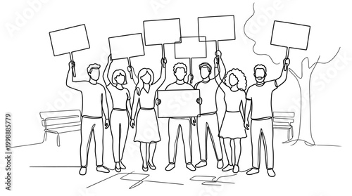 Group of diverse people holding protest signs and banners in a line sketch.