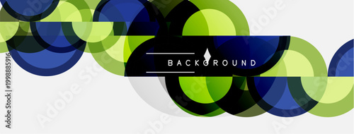 Abstract design features overlapping circles, blue, green hues. Text reads BACKGROUND centered within composition. Minimalist style.