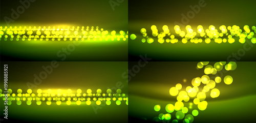Bright glowing orbs, varying sizes, green yellow hues. Dark background creates dramatic light effect. Abstract design, modern aesthetic.