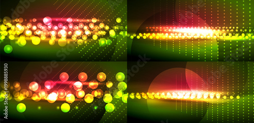 Vibrant abstract backgrounds. Glowing circles, lines create dynamic visual effects. Red, green, yellow hues dominate composition.