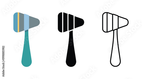 Set of medical reflex hammers and scalpels flat design icons isolated on white background.