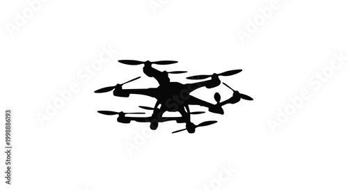 Drone flight is depicted through a detailed silhouette of a multi-rotor aerial device.