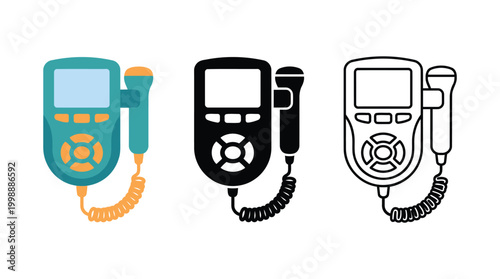 Set of portable ultrasound scanner device icons in three different artistic variations.