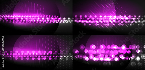 Abstract background features vibrant pink glowing dots, lines, curves over dark surface. Modern design elements create dynamic visual effect.